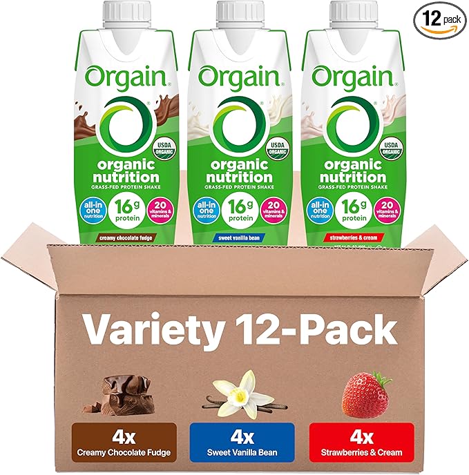 Orgain Organic Nutritional Protein Shake, 16g Grass Fed Whey Protein, Meal Replacement, 20 Vitamins & Minerals, Fruits & Vegetables, Variety Pack, Chocolate, Vanilla, Strawberry, 11 Fl Oz (12 Pack)
