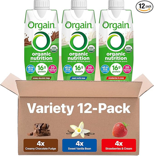 Orgain Organic Nutritional Protein Shake, 16g Grass Fed Whey Protein, Meal Replacement, 20 Vitamins & Minerals, Fruits & Vegetables, Variety Pack, Chocolate, Vanilla, Strawberry, 11 Fl Oz (12 Pack)