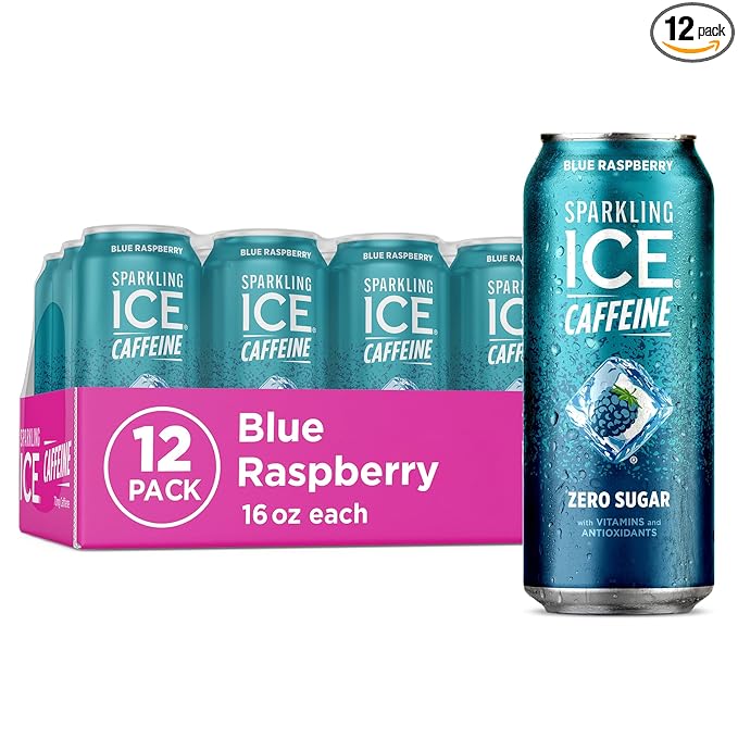 Sparkling Ice Caffeine Blue Raspberry Sparkling Water with Caffeine, Zero Sugar, with Antioxidants and Vitamins,16 fl oz Cans (Pack Of 12)