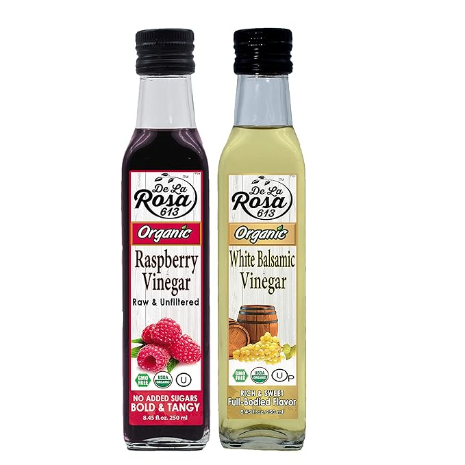 De la Rosa Organic Raspberry & White Balsamic Vinegar, Vegan, Kosher, Non-GMO & Gluten Free, Great for Salad Dressings, Marinades & More 8.45 Oz (Pack of 2)