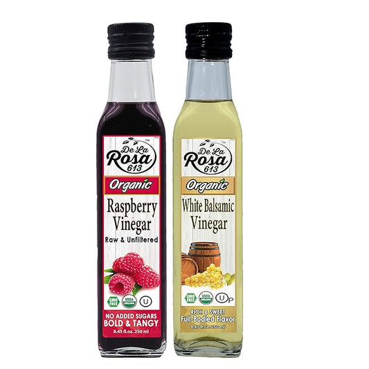 De la Rosa Organic Raspberry & White Balsamic Vinegar, Vegan, Kosher, Non-GMO & Gluten Free, Great for Salad Dressings, Marinades & More 8.45 Oz (Pack of 2)