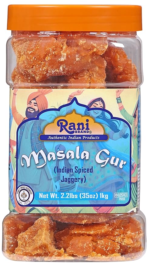 Rani Masala Gur (Jaggery) Indian Unrefined Raw Cane Sugar 35oz (2.2lbs) 1kg PET Jar ~ Gluten Friendly | Vegan | NON-GMO | Kosher | No Salt or fillers | Indian Product