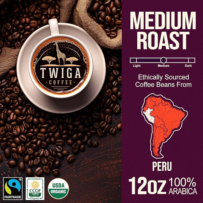 Twiga Coffee Peruvian Coffee Beans ??Medium Roast Arabica Whole Beans with Brown Sugar, Pear & Sage Flavor Notes, Single Origin Freshly Roasted for a Smooth, Flavorful Cup, 12 oz