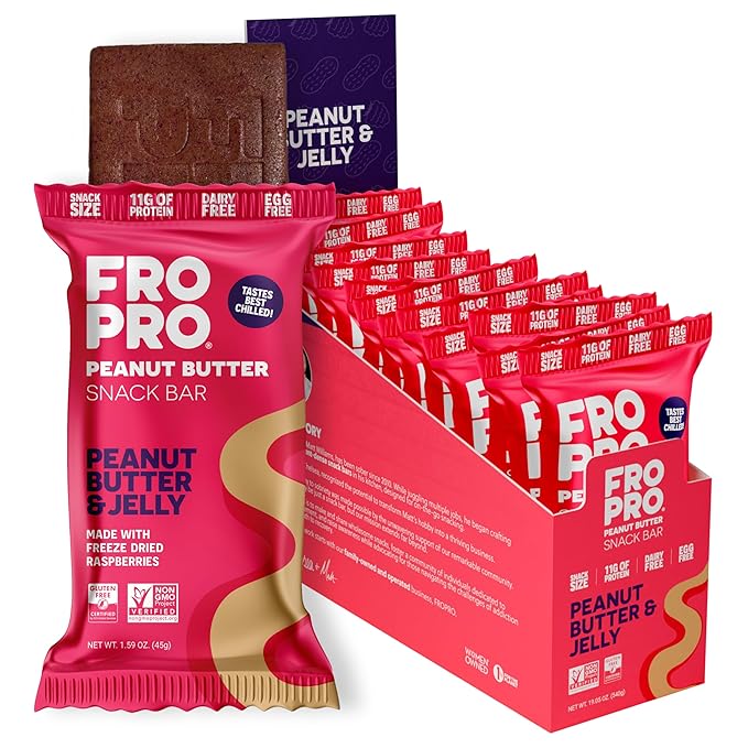 FROPRO Plant Protein Snack Bars - Plant Based Protein Bars, All-Natural, Gluten, Dairy, & Soy Free, High Protein Bars with Low Calories | PB & J, 12 Pack