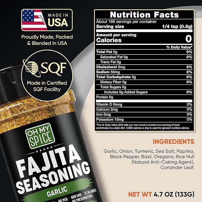 Fajita Seasoning Mix Garlic Powder Seasoning - Gluten Free & Low Sodium Mexican Seasonings Blend for Meat, Vegetables, Steak & Chicken Fajita. Garlic and Herb Fajitas Seasonings Spice. Taco Mix. 4.7oz
