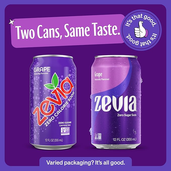 Zevia Zero Sugar Soda, Grape, 12 oz Cans (24-Pack) ??Naturally Sweetened, Zero Calorie Sugar Free Soda - Non-GMO Project Verified, Gluten-Free, Vegan