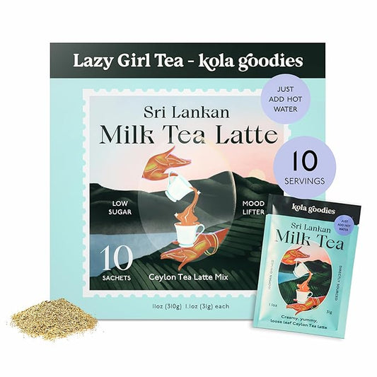 Kola Goodies Lazy Girl Tea ??Instant Sri Lankan Milk Tea Powder with Ceylon Loose Leaf Tea, Monk Fruit, Coconut Sugar ??Low Caffeine Chai Latte Mix ??No Refined Sugar ??10 Sachets