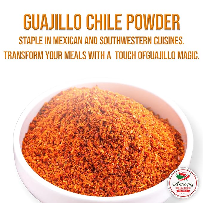 Guajillo Chile Powder Ground 1LB (16oz) – Natural and Premium. Great For Chili, Sauces, Stews, Salsa, Meat Rubs, Enchiladas, Mole and Tamales. Tangy Spicy-Sweet Flavor By Amazing Chiles & Spices