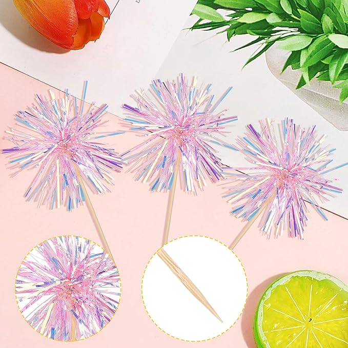 30 PCS Foil Firework Cupcake Toppers Happy Birthday Cupcake Toppers Sparkle Tinsel Flower Drink Stirrers Cocktail Fruit Toothpicks for Valentine's Day Baby Shower Party Cake Decor Supplies Pink