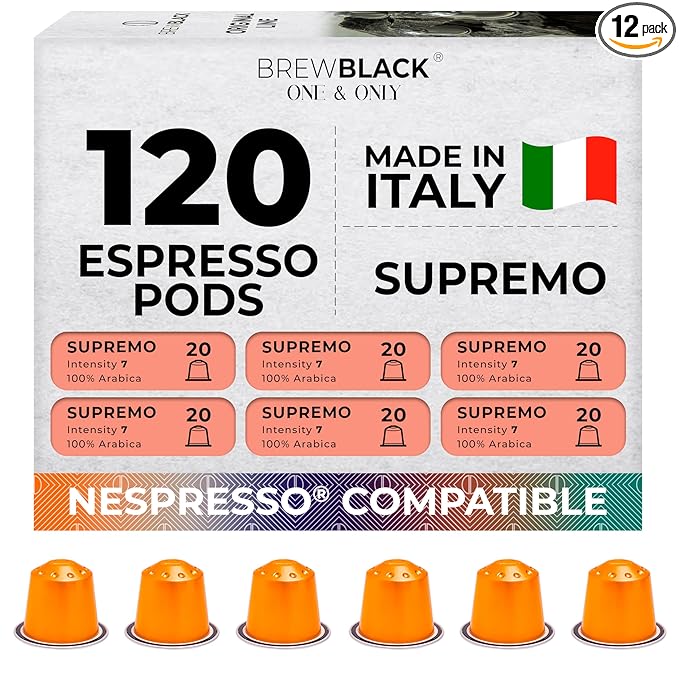 BrewBlack Supremo Coffee Capsules - 120 Aluminum Coffee Pods Compatible with Nespresso Original line, 100% Arabica Medium Roast - Intensity 7/12, Made in Italy