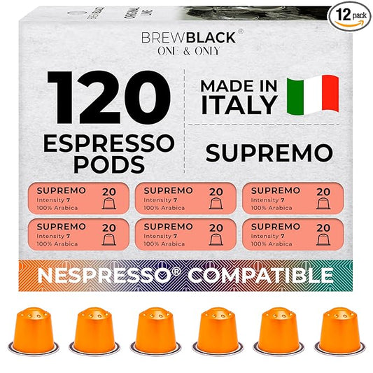 BrewBlack Supremo Coffee Capsules - 120 Aluminum Coffee Pods Compatible with Nespresso Original line, 100% Arabica Medium Roast - Intensity 7/12, Made in Italy
