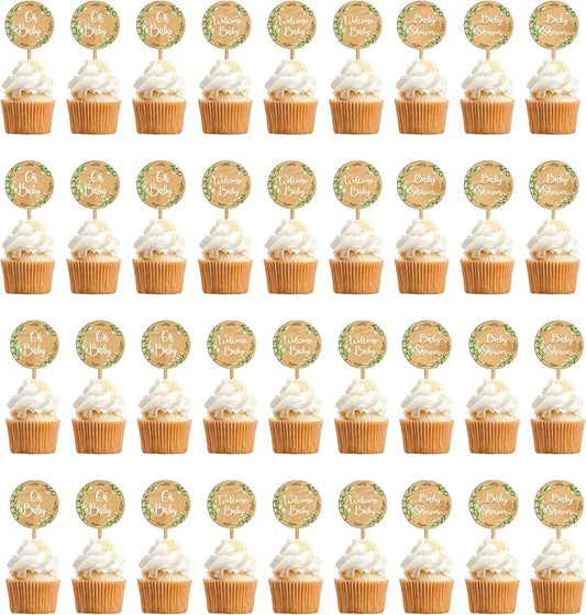 36 PCS Baby Shower Party Cupcake Toppers Oh Baby Cake Cupcake Decorations in Wood (Design A)