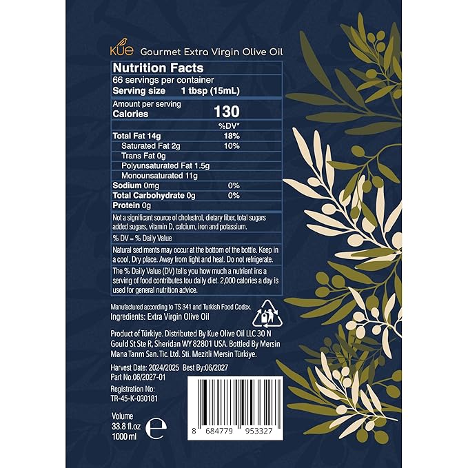 Kue Gourmet Extra Virgin Olive Oil Cold Pressed - Mediterranean Olive Oil - EVOO - Aceite de Oliva Extra Virgen - Monovarietal - Olive Oil Extra Virgin For Cooking - Oil Olive Tin - 33.8 Fl. Oz.