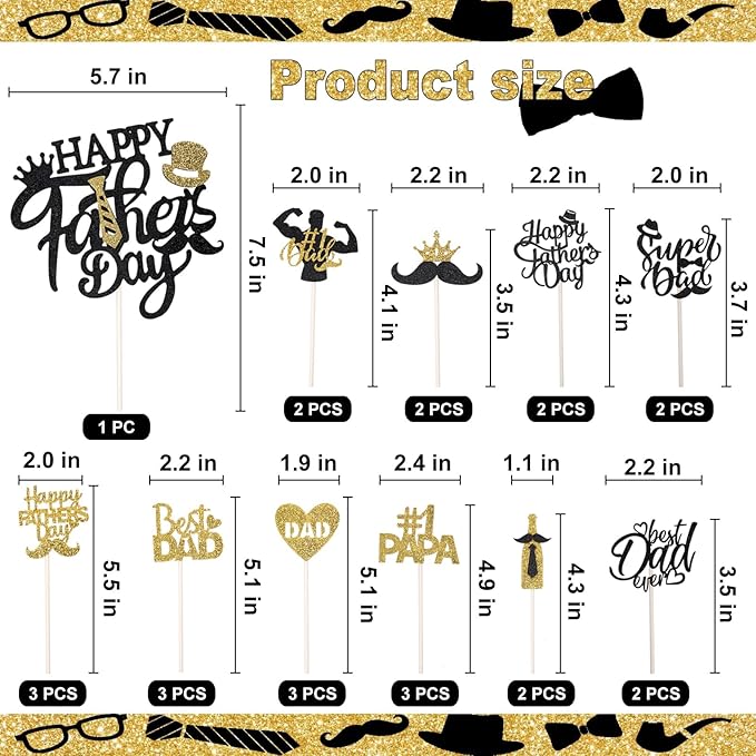 Wootkey Happy Father?쁲 Day Cake Topper Glittery 'Best Dad Ever' 25Pcs Black Gold Cupcake Toppers, Ideal for Father's Day & Men's Birthday Theme Cake Decorations Party Supplies