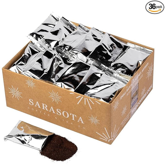 Sarasota Coffee Ground Packets | Gourmet Flavored Medium Roast Bulk Coffee Packs | Christmas Holiday | Low Acid Mold Free Singles Individual Pouches for 12 Cup Coffee Maker | 2 Ounce Bags, 36 Count