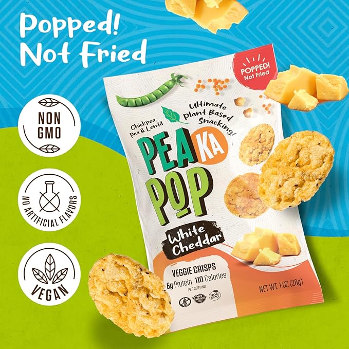 PeaKaPop Veggie Chips ??Plant-Based, Healthy Veggie Crisps with Pea, Lentil & Chickpea Protein ??Vegan, Gluten-Free, Popped Chips ??Snack Size for Kids & Adults ??1 oz Bags (15-Pack) ??White Cheddar