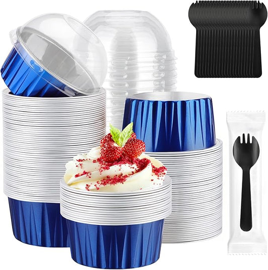 EUSOAR Creme Brulee Ramekins Disposable with Sporks, 120pcs 5oz Foil Baking Cups Ramekins with Lids, Muffin Cupcake Liners Mini Cake Pans with Lids for Party Wedding Birthday Picnic Family Gathering