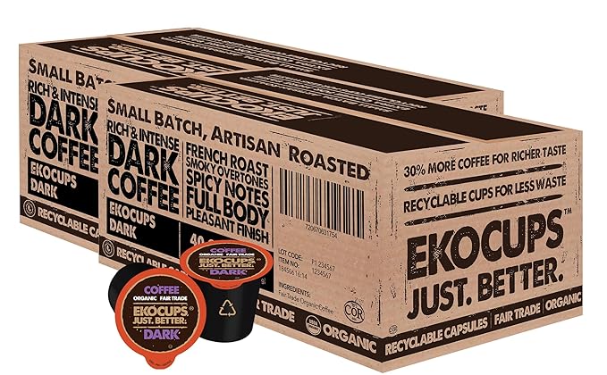 EKOCUPS Organic Dark Roast Coffee Pods, Extra 30% More Coffee Per Cup, Artisan Fair Trade, Dark Roast Coffee for Keurig K Cup Machines, Recyclable Pods, 80 Count