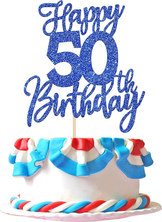 1 PCS Happy 50th Birthday Cake Topper Glitter Cheers to 50 Years Birthday Cake Pick Fifty Hello 50 Fabulous Cake Decoration for Happy 50th Birthday Anniversary Party Decorations Supplies Blue