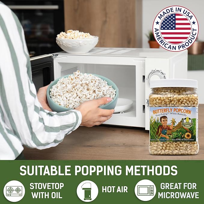 Princeton Popcorn Mushroom & Butterfly Hulless Popcorn Kernels - Half & Half Combo Duo, Easy-Eating, Farm Grown Popping Corn, Non-GMO Popcorn Kernels, No Hulls, Direct from Farmer, Microwave Air Popper or Stovetop 2-Pack 2lb Bag 64oz
