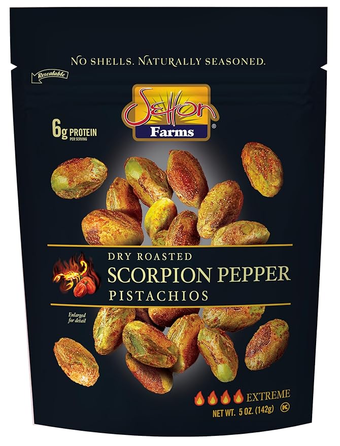 Setton Farms Pistachios, Scorpion Pepper Extreme Flavor, Naturally Seasoned, Dry Roasted No Shell, Non-GMO Project Verified, Gluten Free, Vegan, Kosher, 5 Oz