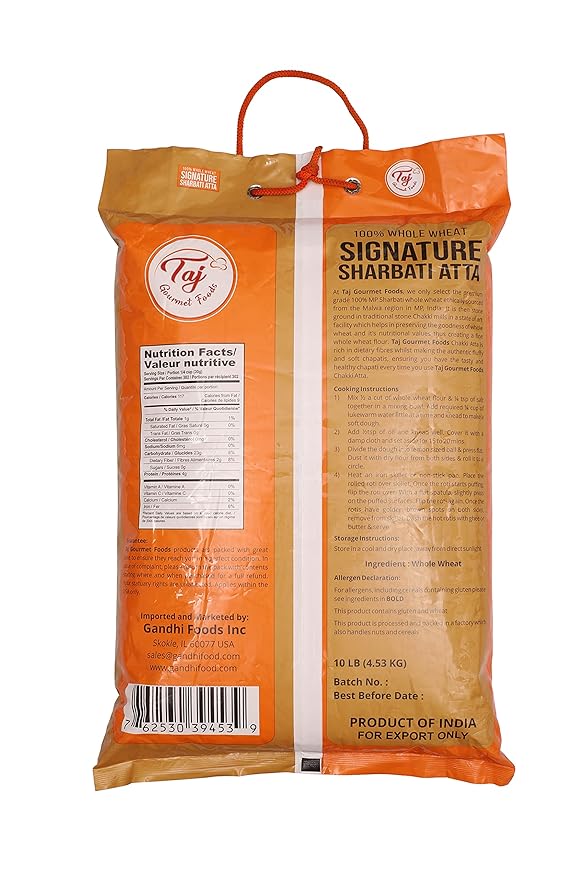 TAJ Signature Sharbati Atta, 10lbs, (Chakki Atta - Stone Ground) 100% Whole Wheat Flour, Chappati Flour