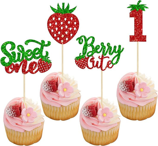 24Pcs Sweet One Cupcake Toppers Glitter First Birthday Strawberry Cupcake Picks for Fruit Baby Shower 1st Birthday Berry Sweet Cupcake Decorations Party Supplies Green