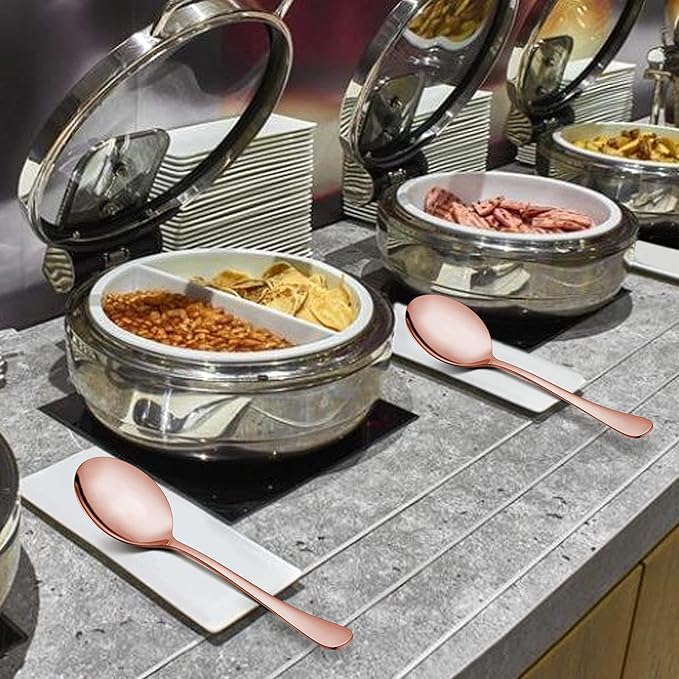 LIANYU Copper Serving Spoons Set of 6, 9.8 Inch Stainless Steel Large Dinner Buffet Catering Banquet Serving Spoons, Mirror Finish, Dishwasher Safe