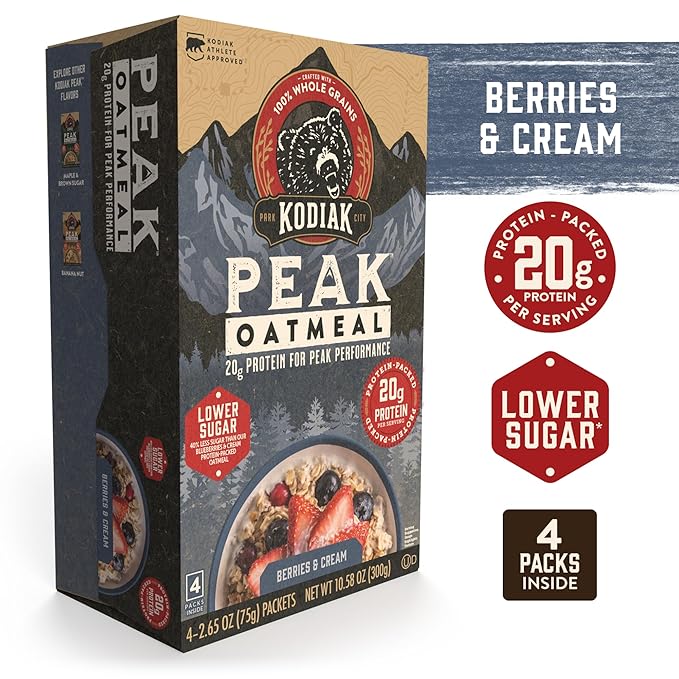 Kodiak Cakes Peak Instant Oatmeal Packets, Berries & Cream, High Protein,100% Whole Grains, 6 box with 4 packets each (Total of 24 packets)