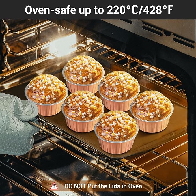 EUSOAR Rose Gold Cupcake Liners, 120pcs 5oz Disposable Aluminum Foil Baking Cups with Lids, Mini Foil Cupcake Liners Ramekins Cups with Lids for Oven Dessert Cups Aluminum Cheesecake Pan Creme Brulee