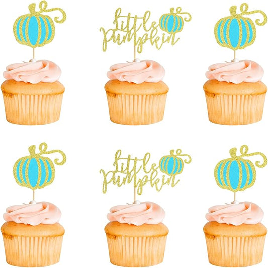 24Pcs Little Pumpkin Cupcake Toppers Fall Pumpkin Cupcake Picks for Thanksgiving Halloween Baby Shower Kids Birthday Party Cake Decorations Supplies - Bule Glitter