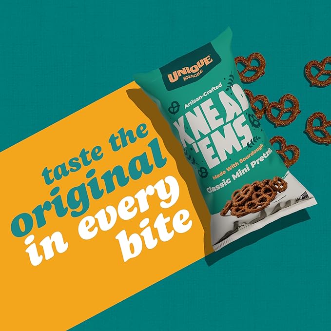 Unique Snacks Knead 'Ems, Sourdough Mini Pretzels, Artisan-Crafted Vegan Snacks, Non-GMO, Kosher Chips, 11 oz. Snack Bags, Pack of 6