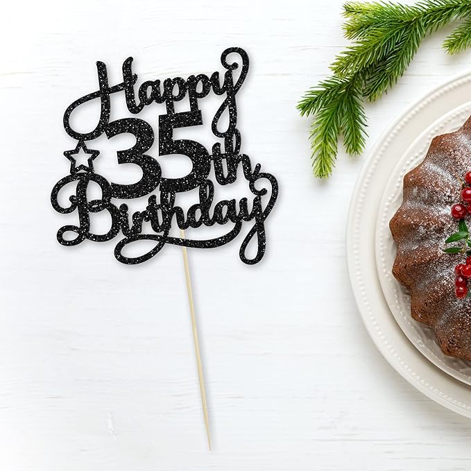 1 Pack Happy 35th Birthday Cake Topper Black Glitter 35 & Fabulous Cheers to 35 Years Old Birthday Cake Pick for Celebrating 35th Birthday Anniversary Party Cake Decorations Supplies