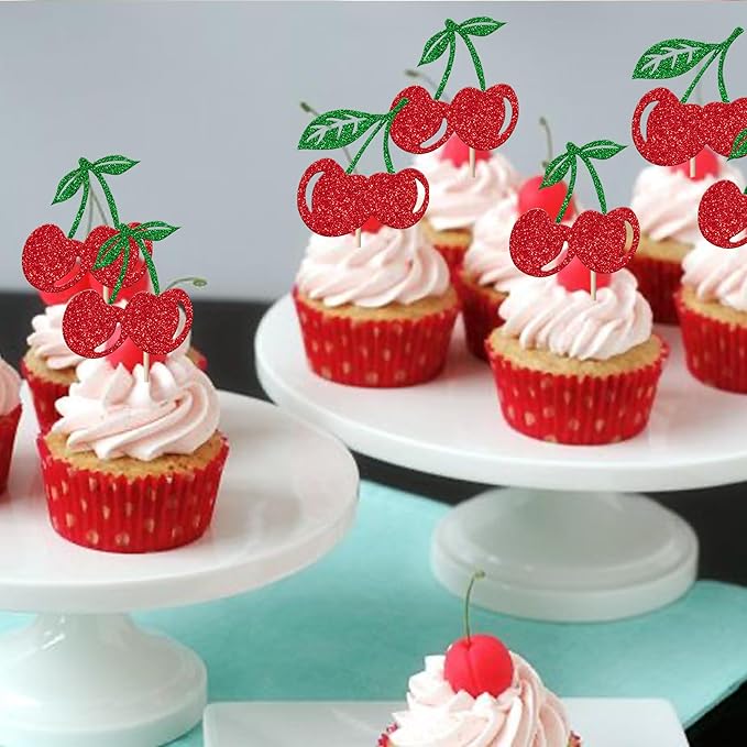 24 Pack Cherry Cupcake Toppers Glitter Red Cherry Cupcake Picks for Fruit Cherry Theme Baby Shower Bridal Shower Birthday Party Cupcake Decorations Supplies