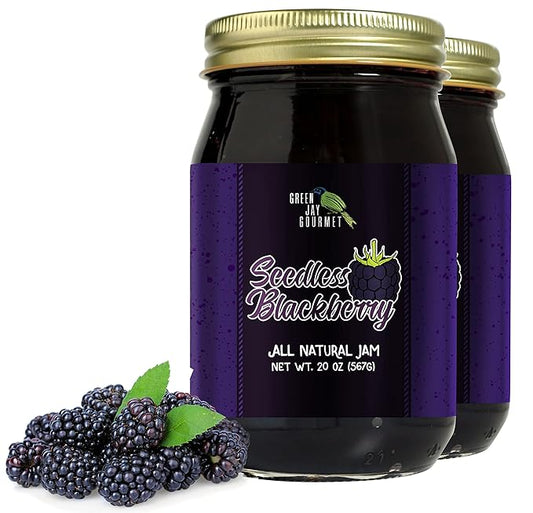 Green Jay Gourmet Seedless Blackberry Jam - All-Natural Fruit Jam with Blackberries & Lemon Juice - Vegan, Gluten-free Jam - Contains No Preservatives or Corn Syrup - Made in USA - 2 x 20 Ounces