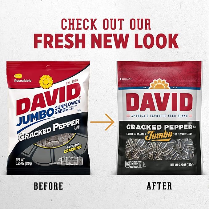 DAVID Roasted and Salted Cracked Pepper Jumbo Sunflower Seeds, Keto Friendly, 5.25 oz, 12 Pack