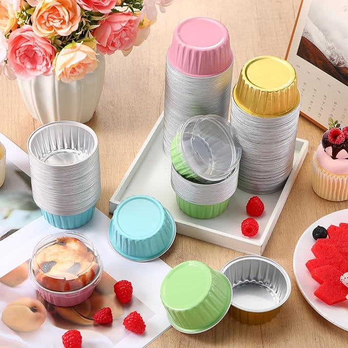Gejoy 400 Pcs Aluminum Foil Baking Cups with Lids 5 oz Disposable Ramekins Mini Cake Pans Creme Brulee Cupcake Liners Muffin Tins Flan Mold Dessert Container for Wedding(Pastel Color,Classic)
