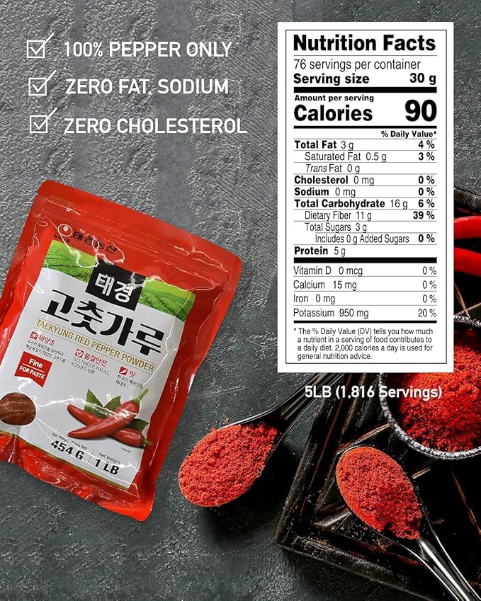 Taekyung Chili Powder For Paste (Fine, 5LB) - Korean Gochugaru. Red Pepper Spice Seasoning for Asian Food. MSG Free.