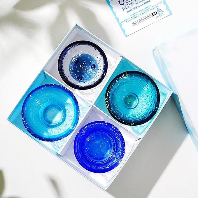 Japanese sake glass Handcrafted Mini Glass Set Elegant Japanese Sake Cups Perfect for Any Occasion Made in Japan (Four Ocean Blues (4 pcs), Sake Glass (1.7-2.9 fl oz))