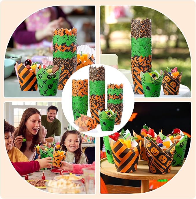 500 Counts Halloween Tulip Cupcake Liners Baking Paper Cups Wrappers Birthday Party Muffin Cupcake Baking Liners Grease Proof Cake Liner Holders for Halloween Party Supplies(Pumpkin)