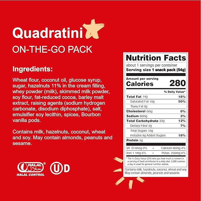 Loacker Quadratini Hazelnut Bite-Size Wafer Cookies, Crispy Wafers with 4 Creamy Layers of Hazelnut Cream Filling, New On-the-Go Pack, Box of 12