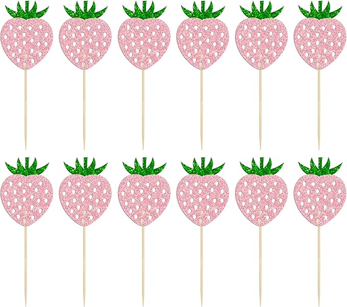 24 Pack Strawberry Cupcake Toppers Glitter Birthday Strawberry Cupcake Picks for Fruit Baby Shower Kids Birthday Summer Berry Cupcake Decorations Party Supplies Pink