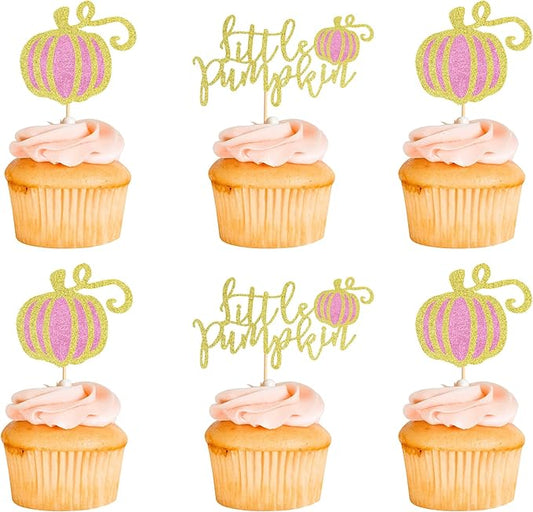 24Pcs Little Pumpkin Cupcake Toppers Fall Pumpkin Cupcake Picks for Thanksgiving Halloween Baby Shower Kids Birthday Party Cake Decorations Supplies - Pink Glitter