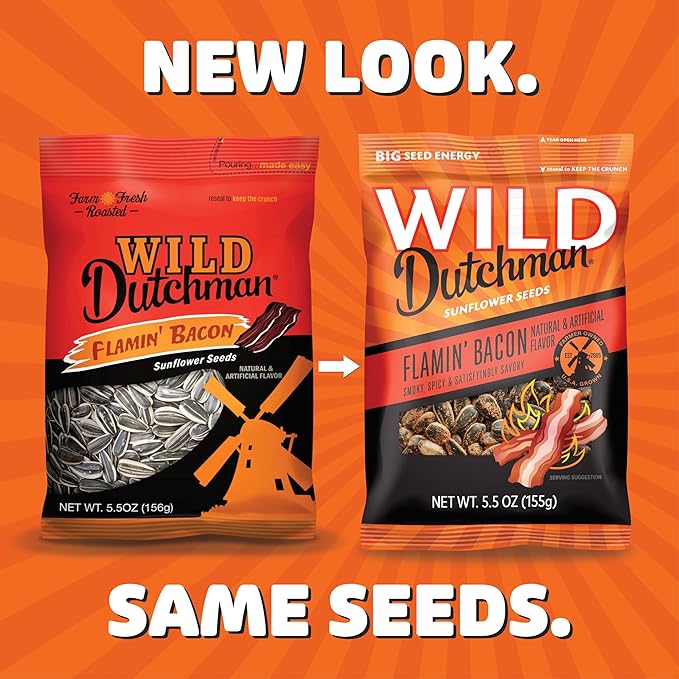 Wild Dutchman, Roasted Sunflower Seeds, Mouth Friendly Recipe for All Day Snacking, Flamin Bacon, 5.5 oz (Pack of 12)
