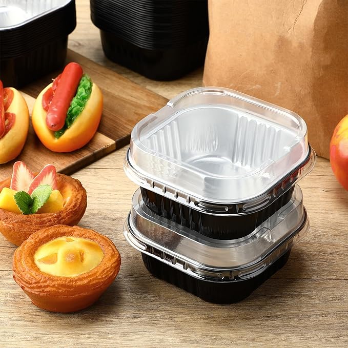 Aoriher 150 Pieces 10 oz Mini Cake Pans with Lids Aluminum Foil Baking Cups Square Disposable 4" x 4" Large Cupcake Cups Baking Tins for Kitchen Brownie Pudding Desserts Holders(Black)