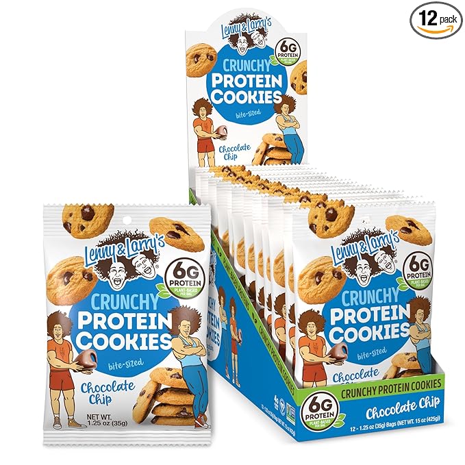 Lenny & Larry's The Complete Crunchy Cookie, Chocolate Chip, 6g Plant Protein, Vegan, Non-GMO, 1.25 Ounce Pouch (Pack of 12)