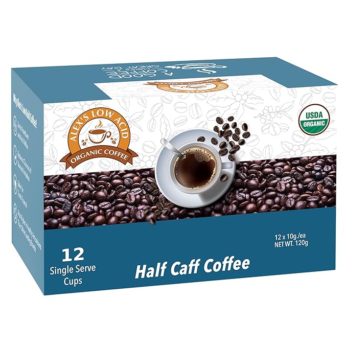 Alex's Low Acid Organic Coffee Single-Serve Pods (12-Pack) - Half Caff