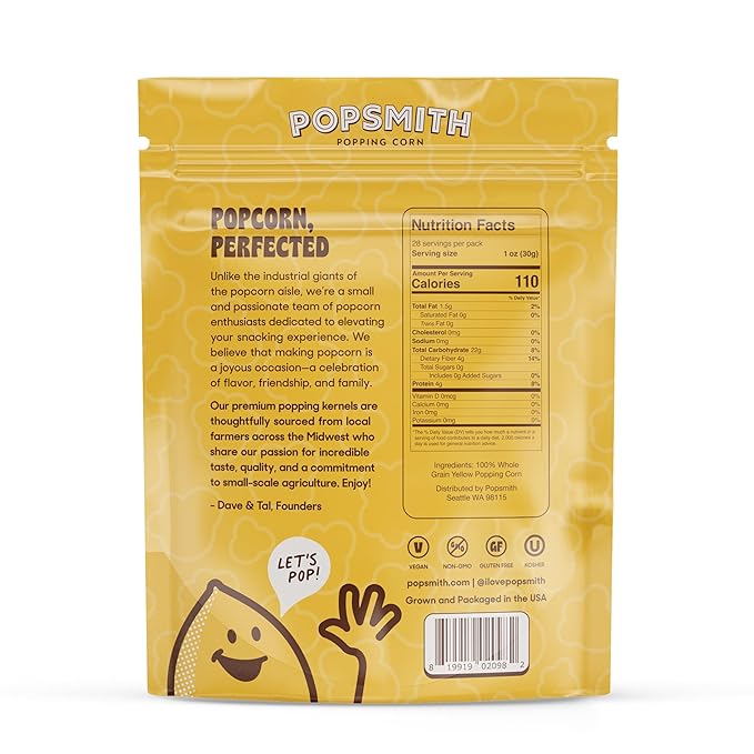 Popsmith - 28oz Pouch Yellow Popcorn Kernels for Popping - Grown in USA, Non-GMO, Vegan, and All-Natural - Unpopped Popcorn Kernels for Stovetop Popcorn Machine