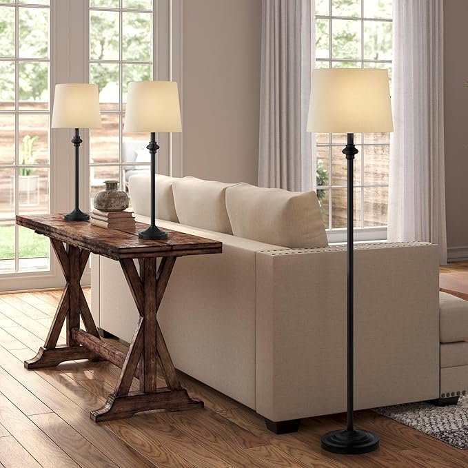 360 Lighting Carter Traditional 3 Piece Table Floor Lamp Set Black Metal Cream Fabric Tapered Drum Shade Decor for Living Room Bedroom House Bedside Nightstand Home Office Reading Family