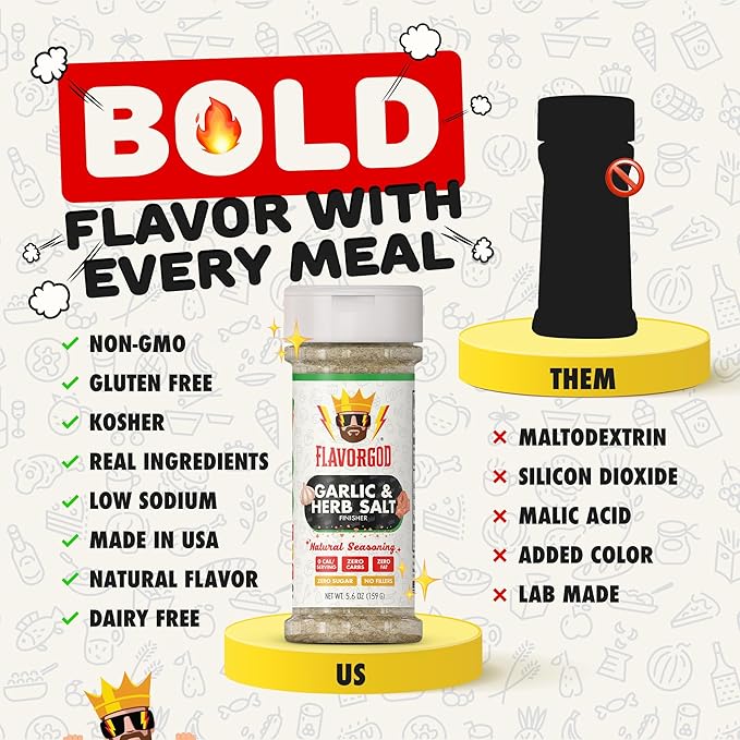 Garlic & Herb Salt Finisher by Flavor God - Premium All Natural & Healthy Spice & Seasoning Mix Blend for Chicken, Beef, Seafood & Vegetables - Kosher, Low Sodium, Dairy-Free, Vegan & Keto Friendly